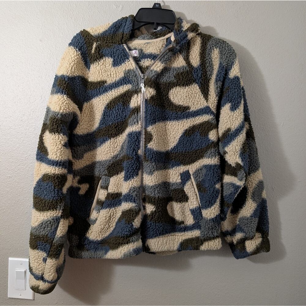 SO Womens Camouflage Sherpa Jacket - Blue, Cream, Brown]